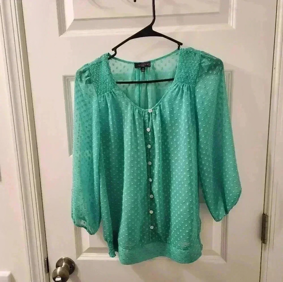 The Limited Size XS Green Sheer Polka Dot Long Sleeve Blouse Buttons #P277 - Picture 1 of 5